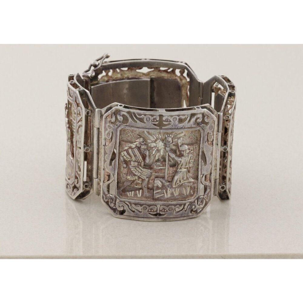 Sterling Silver Aztec Mayan Bracelet 6 3/4" inch - Picture 8 of 9
